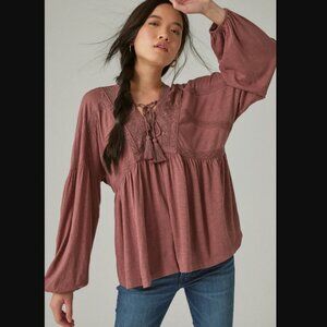 Lucky Brown Lace Up Trim Peasant Top Tassels Blouse Rose Brown, Size Large